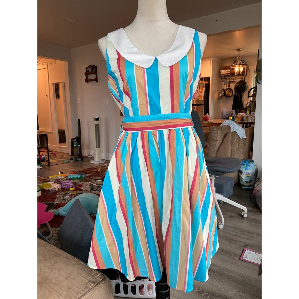ModCloth The Weekend Whirl Fit and Flare Dress Candy Stripe Peter Pan Collar S
